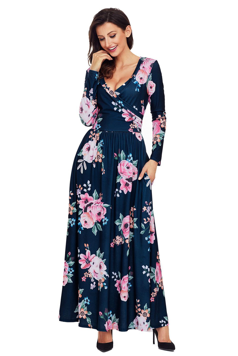 BY61772-5 Navy Floral Surplice Long Sleeve Maxi Boho Dress